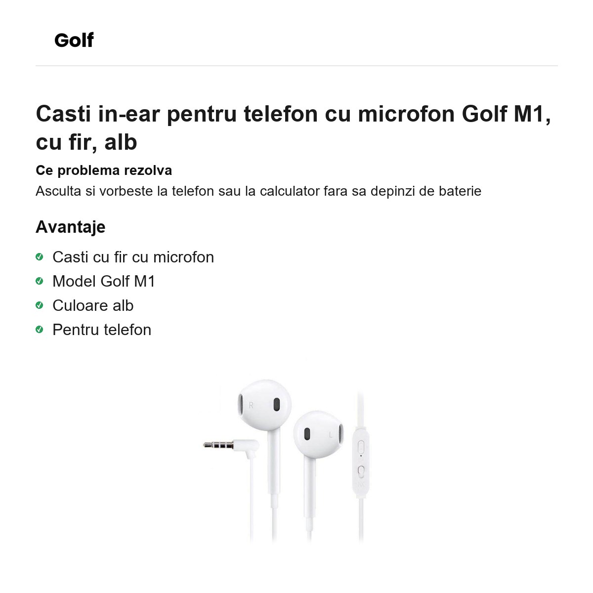 Casti in-ear pentru telefon cu microfon Golf M1, cu fir, alb [1]