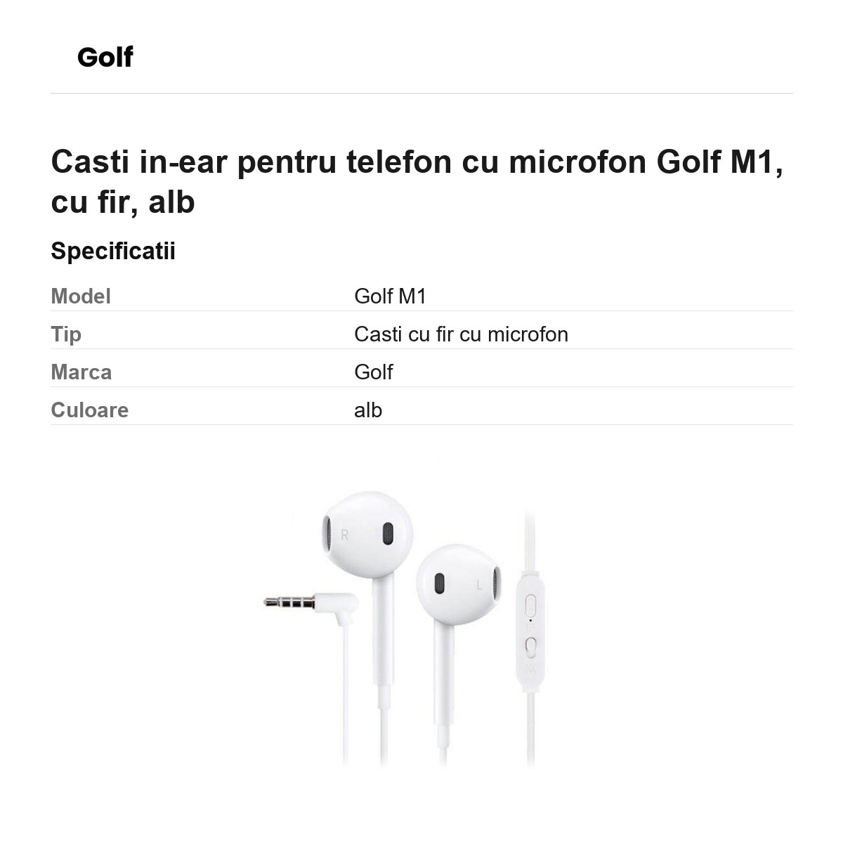 Casti in-ear pentru telefon cu microfon Golf M1, cu fir, alb [2]