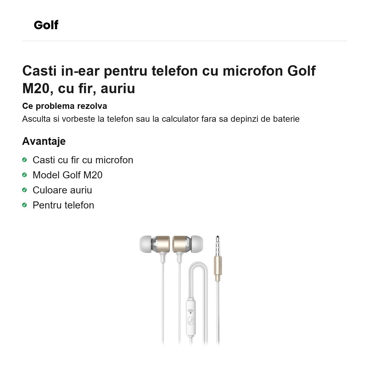 Casti in-ear pentru telefon cu microfon Golf M20, cu fir, auriu [1]