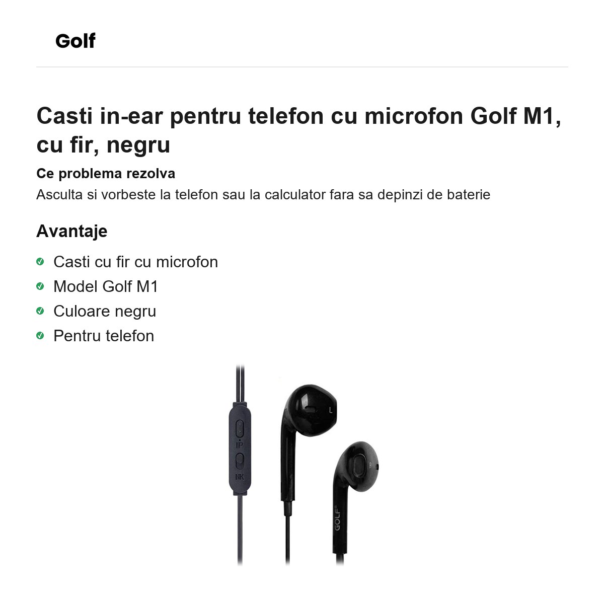 Casti in-ear pentru telefon cu microfon Golf M1, cu fir, negru [1]