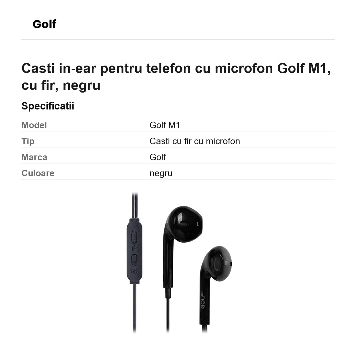 Casti in-ear pentru telefon cu microfon Golf M1, cu fir, negru [2]