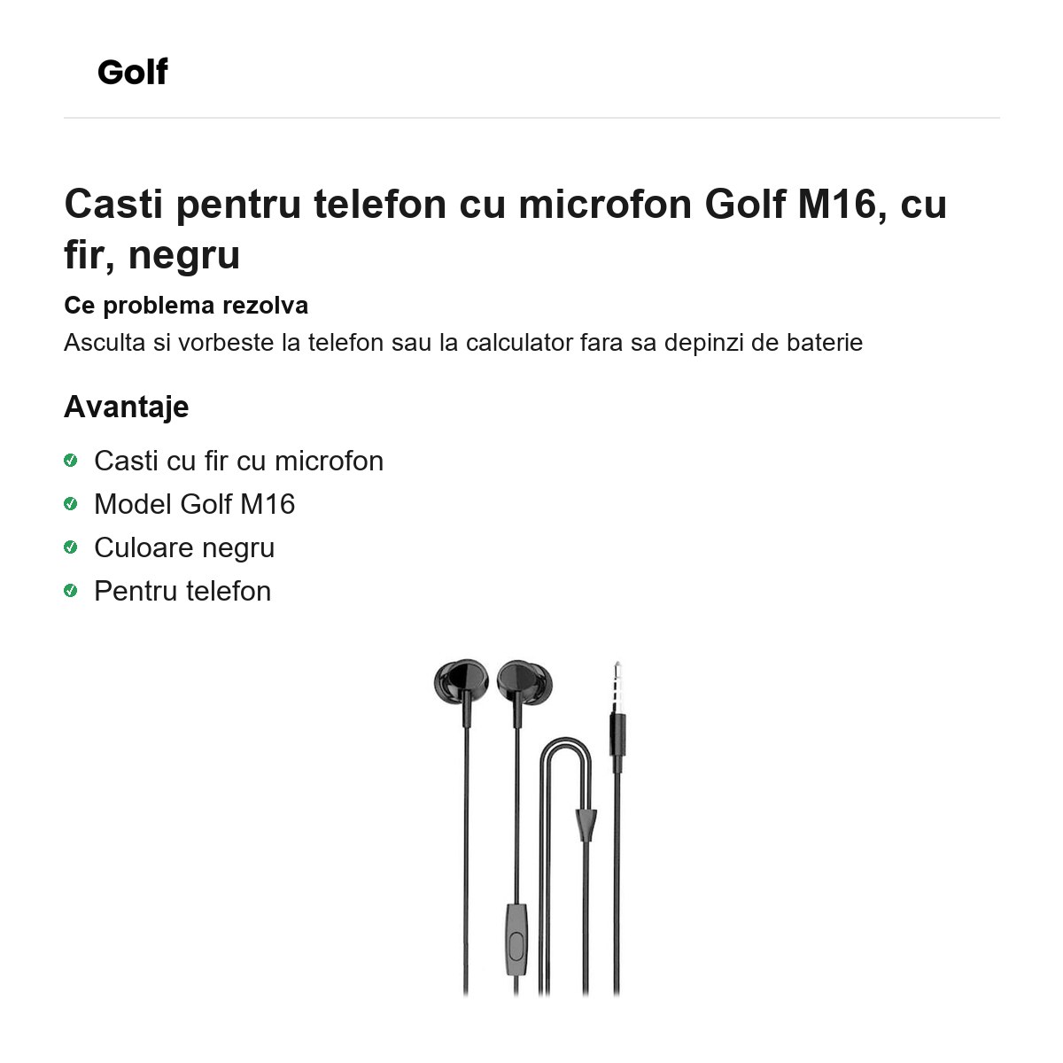 Casti pentru telefon cu microfon Golf M16, cu fir, negru [1]