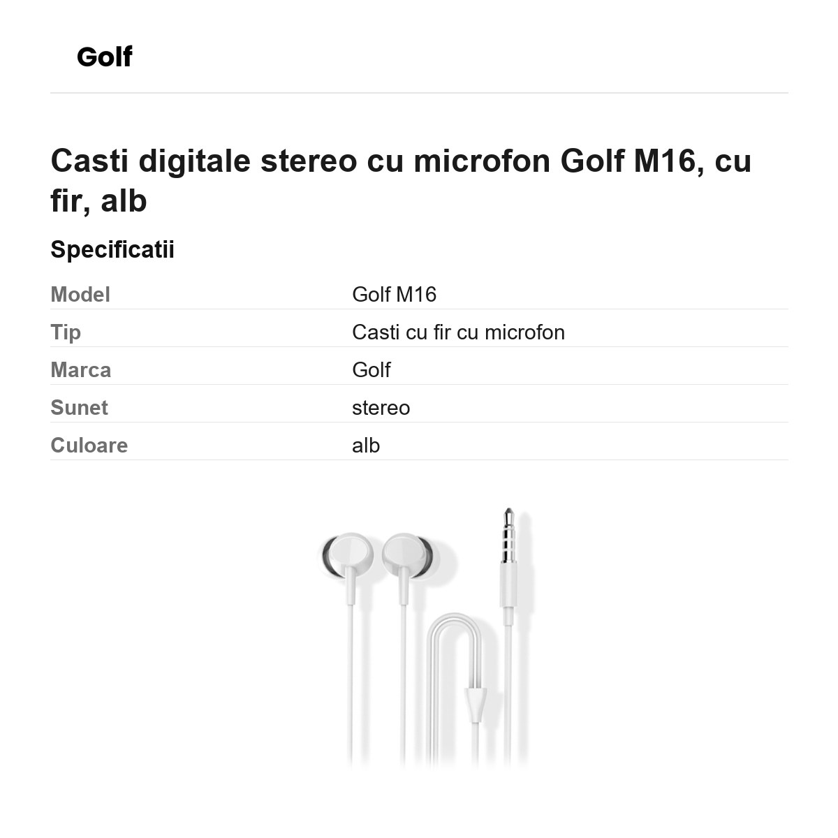 Casti digitale stereo cu microfon Golf M16, cu fir, alb [2]