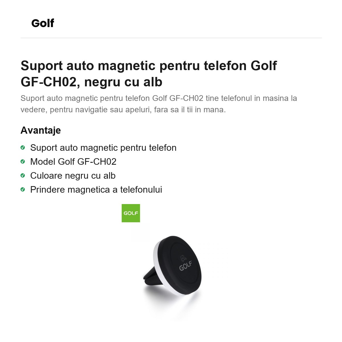 Suport auto magnetic pentru telefon Golf GF-CH02, negru cu alb [1]