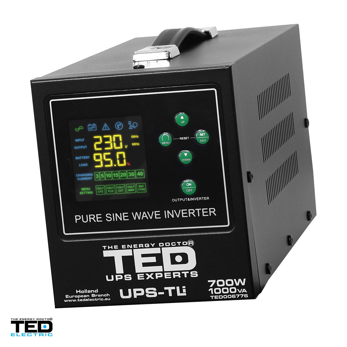 Sisteme UPS - UPS pentru centrala termica TED Electric TED006776, 1000 VA / 700 W, autonomie extinsa cu acumulator extern 12 V neinclus, unda sinusoidala pura, 2 prize Schuko, afisaj LED