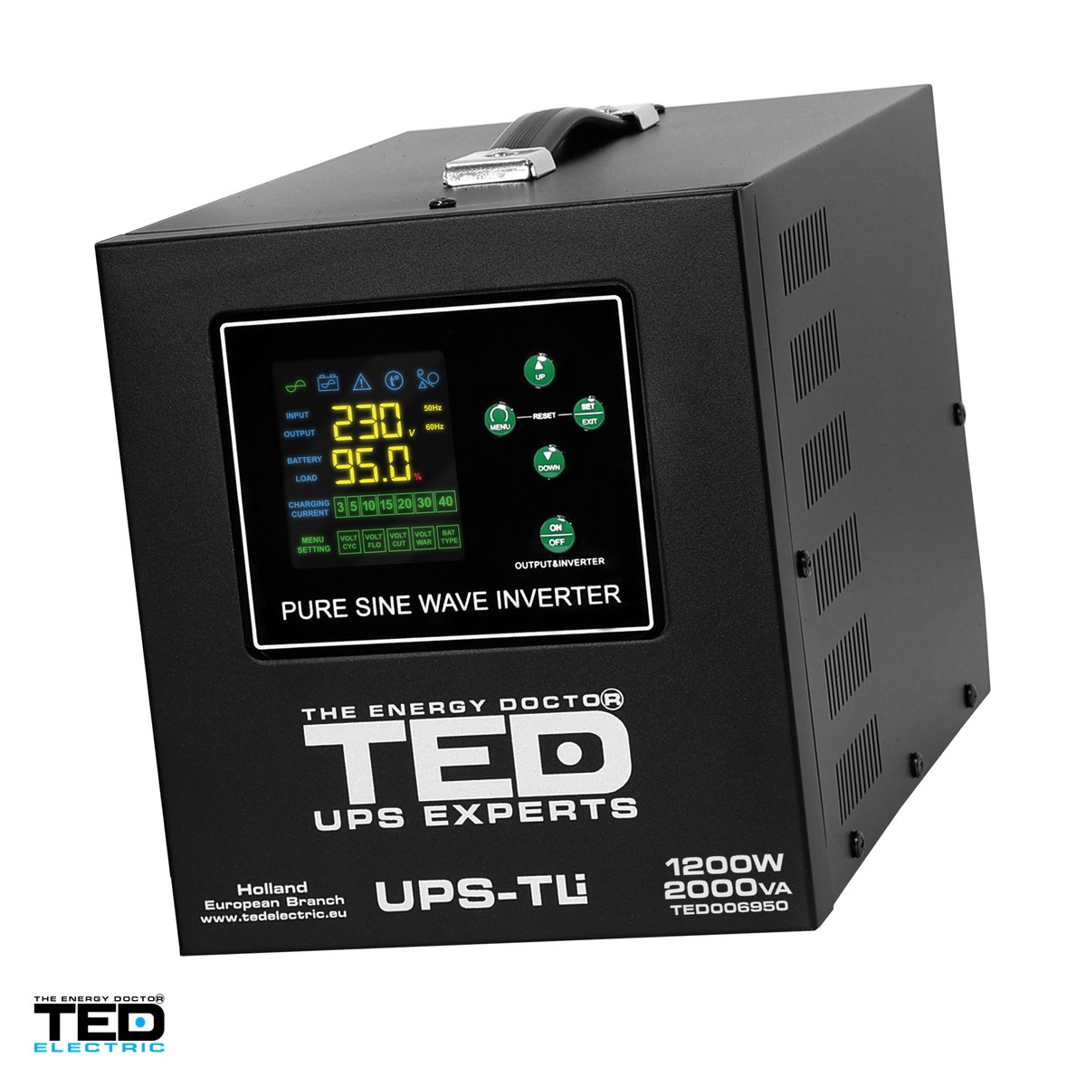 Energy - UPS pentru centrala termica TED Electric TED006950, 2000 VA / 1200 W, autonomie extinsa cu acumulator extern 12 V neinclus, unda sinusoidala pura, 2 prize Schuko, afisaj LED
