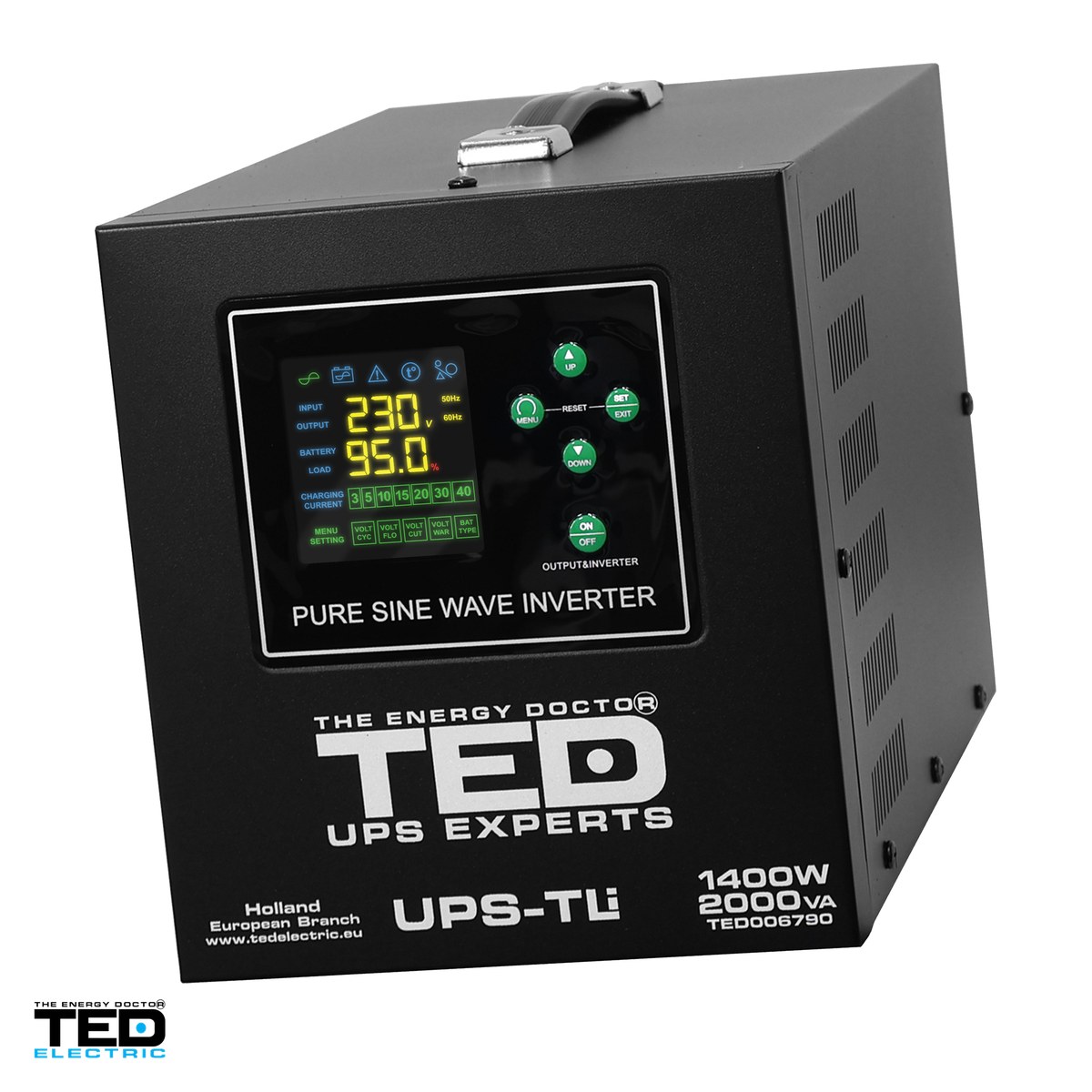 Sisteme UPS - UPS pentru centrala termica TED Electric TED006790, 2000 VA / 1400 W, autonomie extinsa cu acumulatori externi 24 V neinclusi, unda sinusoidala pura, 2 prize Schuko, afisaj LED