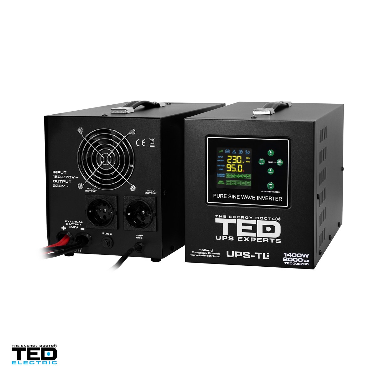 UPS pentru centrala termica TED Electric TED006790, 2000 VA / 1400 W, autonomie extinsa cu acumulatori externi 24 V neinclusi, unda sinusoidala pura, 2 prize Schuko, afisaj LED [3]