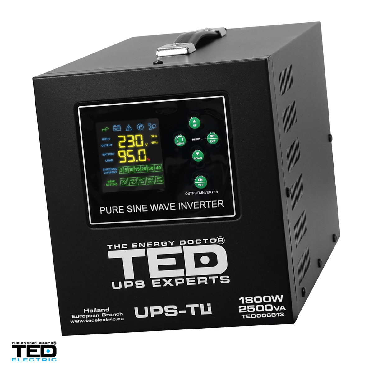 Sisteme UPS - UPS pentru centrala termica TED Electric TED006813, 2500 VA / 1800 W, autonomie extinsa cu acumulatori externi 24 V neinclusi, unda sinusoidala pura, 2 prize Schuko, afisaj LED