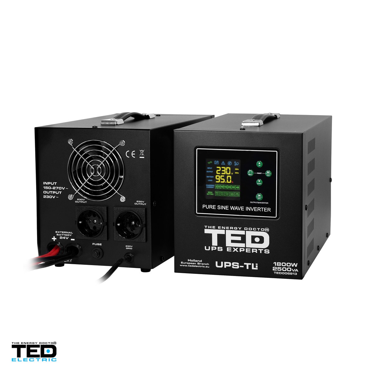 UPS pentru centrala termica TED Electric TED006813, 2500 VA / 1800 W, autonomie extinsa cu acumulatori externi 24 V neinclusi, unda sinusoidala pura, 2 prize Schuko, afisaj LED [3]