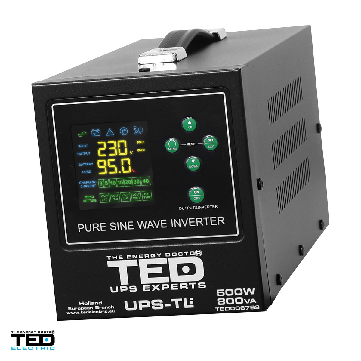 Sisteme UPS - UPS pentru centrala termica TED Electric TED006769, 800 VA / 500 W, autonomie extinsa cu acumulator extern 12 V neinclus, unda sinusoidala pura, 2 prize Schuko, afisaj LED