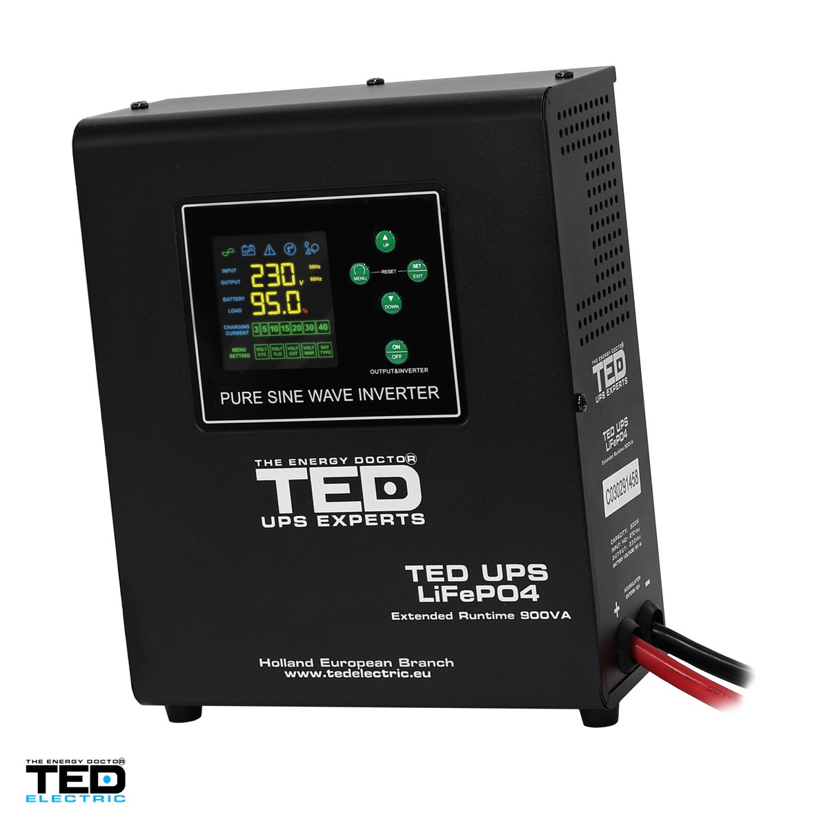 Energy - UPS de perete pentru centrala termica TED Electric TED006653, 900 VA / 500 W, autonomie extinsa cu acumulator extern 12 V neinclus, unda sinusoidala pura, 2 prize Schuko, afisaj LED