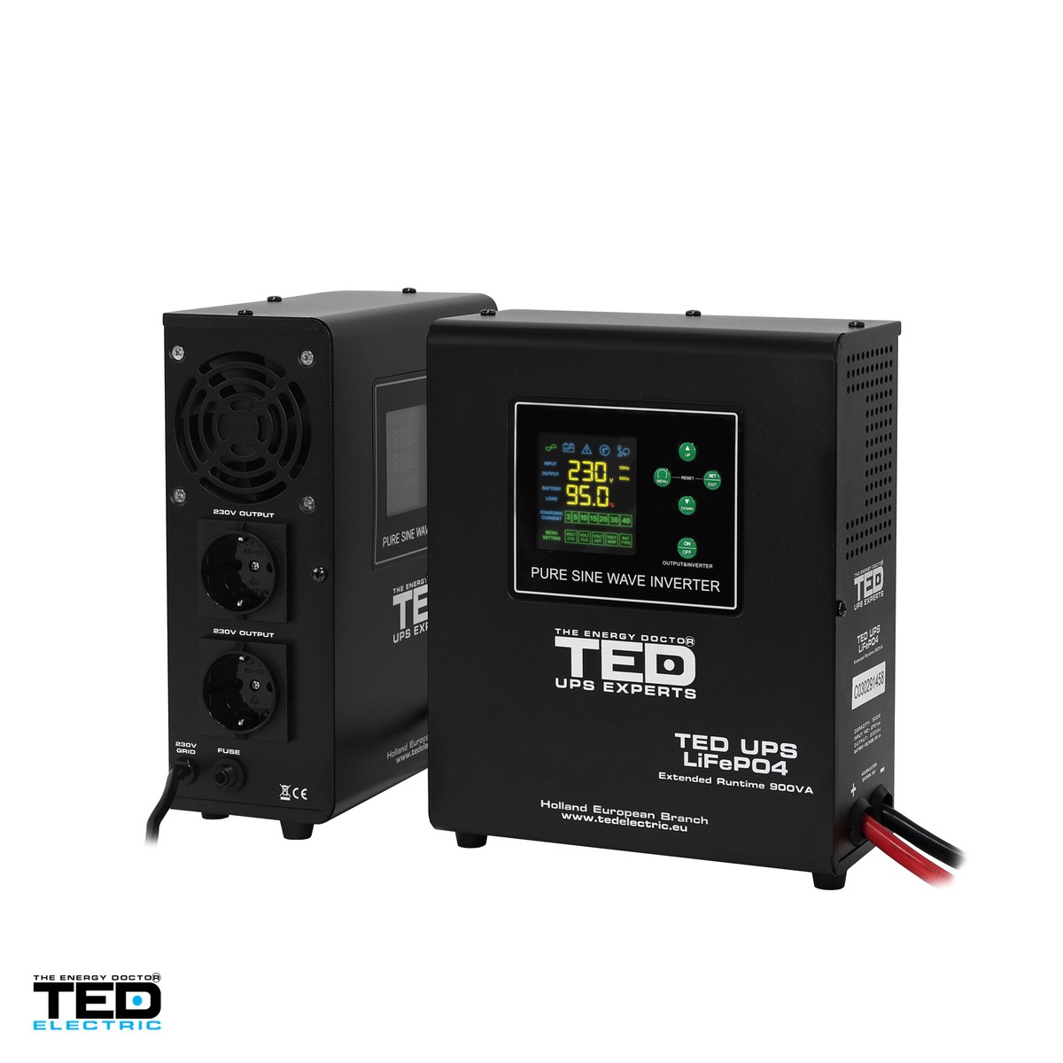 UPS de perete pentru centrala termica TED Electric TED006653, 900 VA / 500 W, autonomie extinsa cu acumulator extern 12 V neinclus, unda sinusoidala pura, 2 prize Schuko, afisaj LED [3]