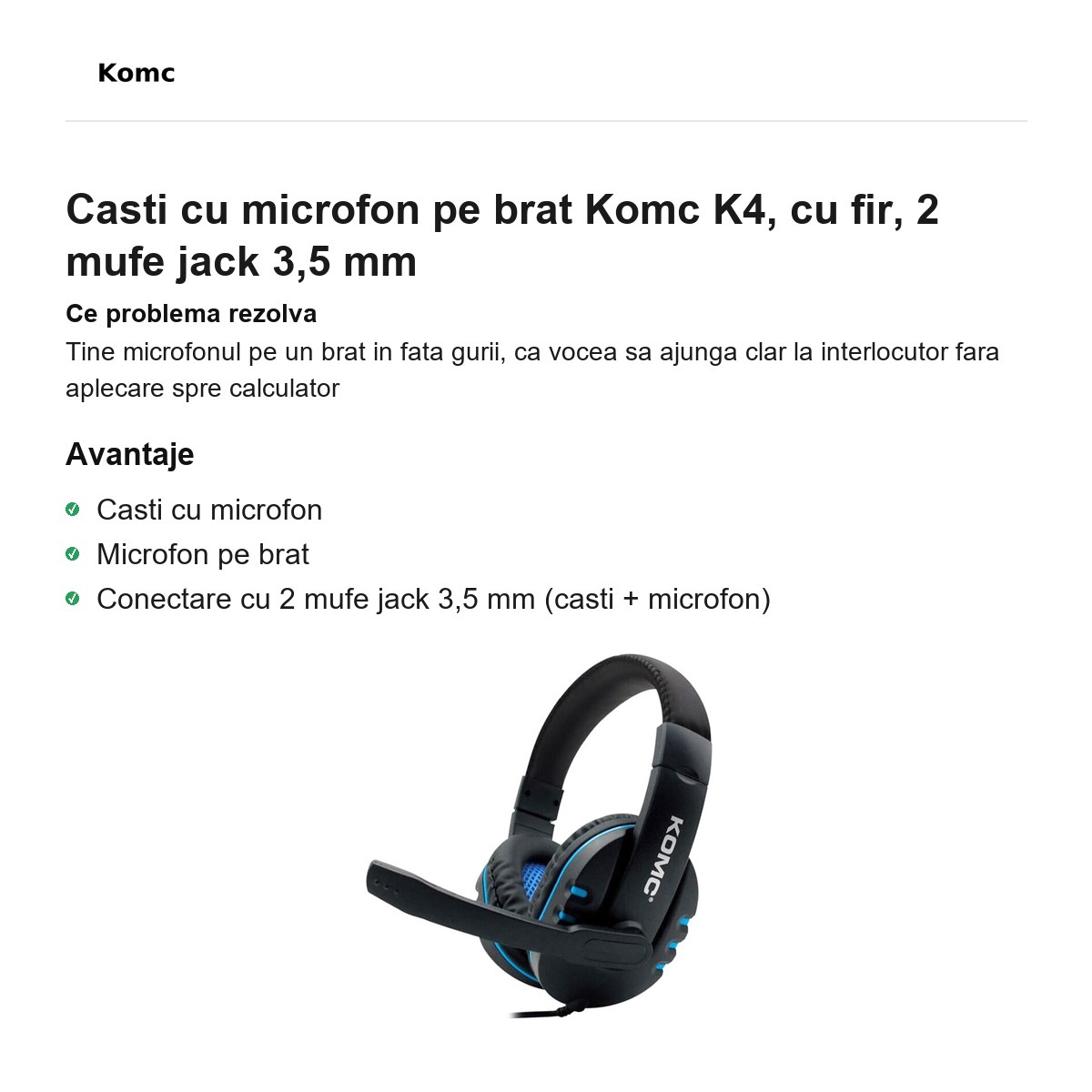 Casti cu microfon pe brat Komc K4, cu fir, 2 mufe jack 3,5 mm [1]