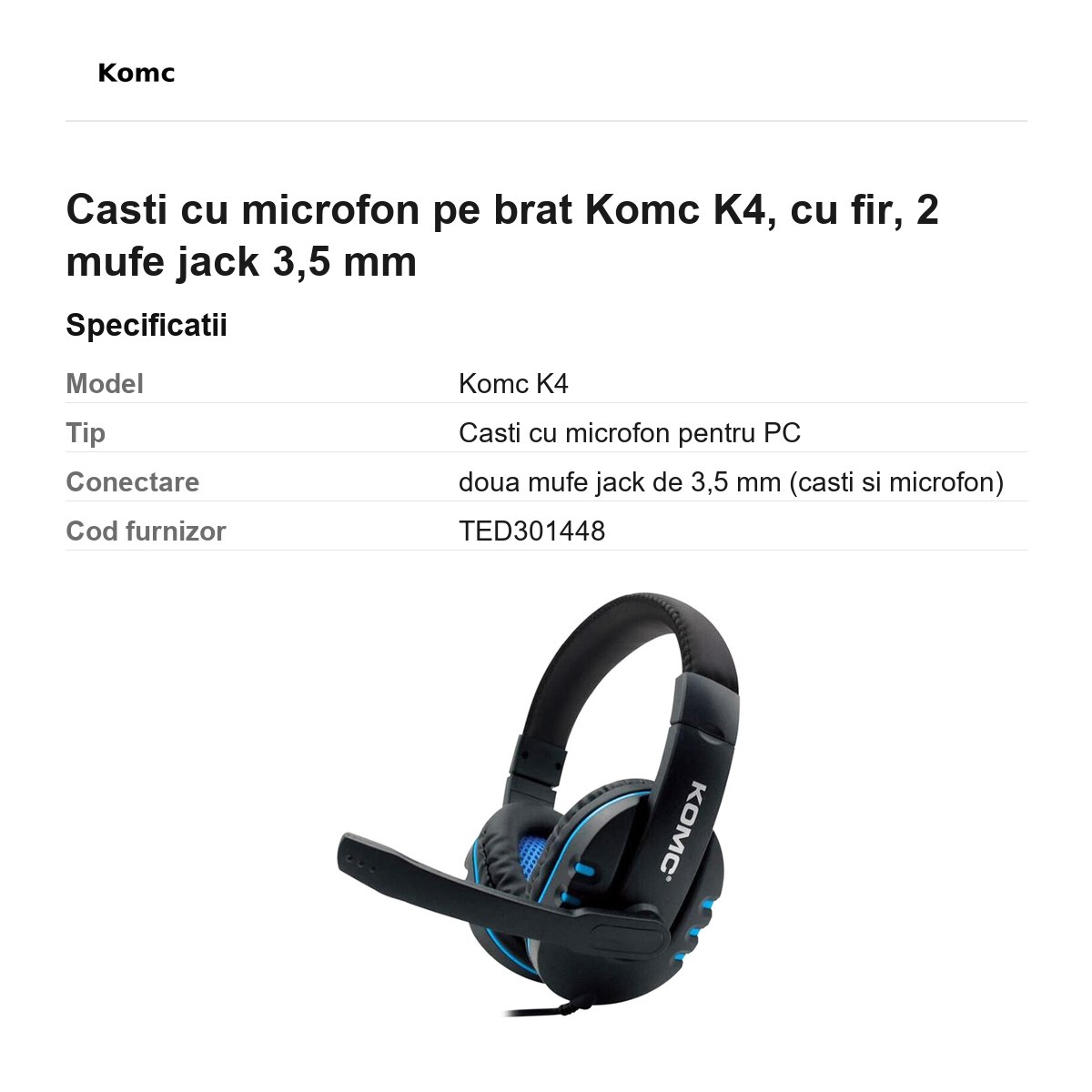 Casti cu microfon pe brat Komc K4, cu fir, 2 mufe jack 3,5 mm [2]