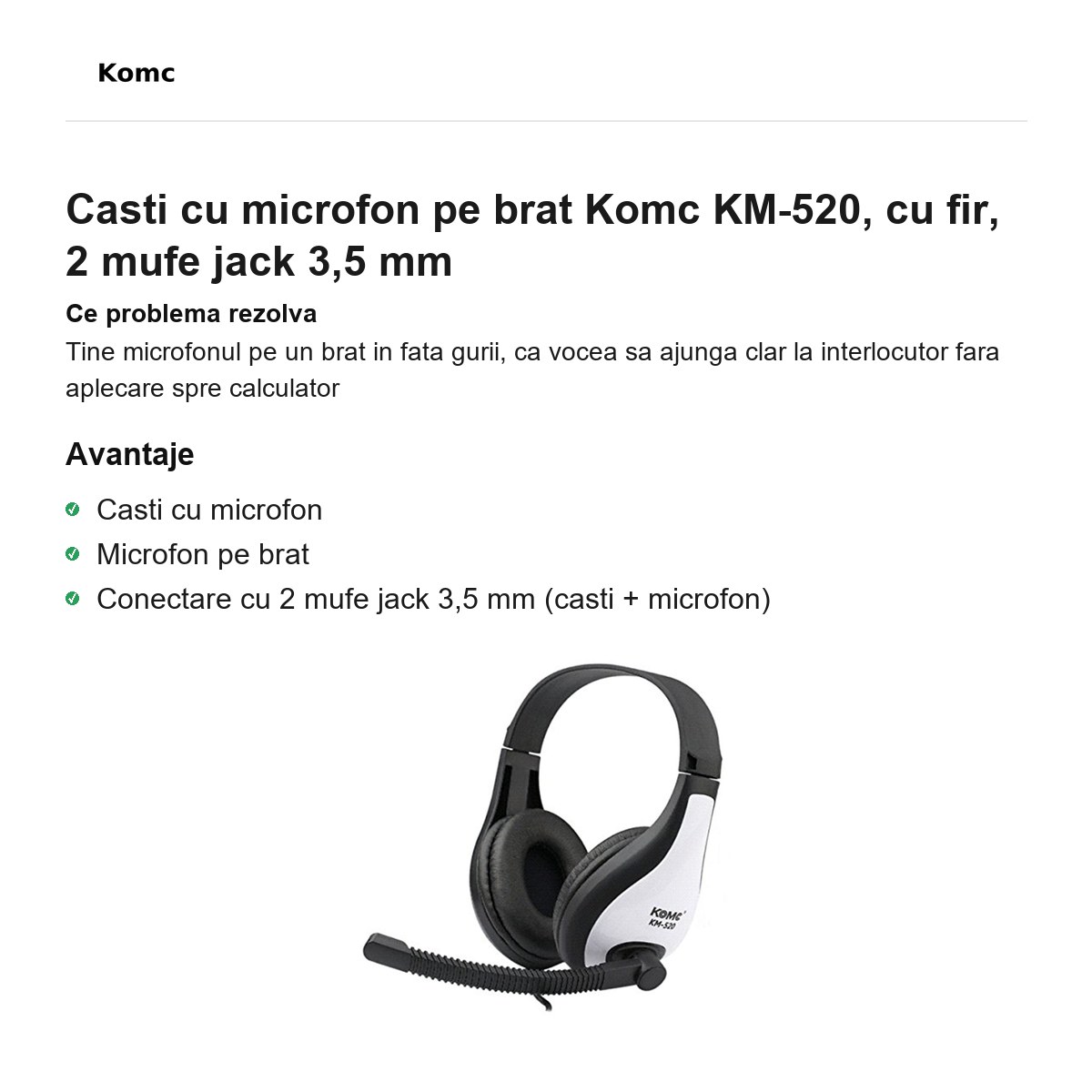 Casti cu microfon pe brat Komc KM-520, cu fir, 2 mufe jack 3,5 mm [1]