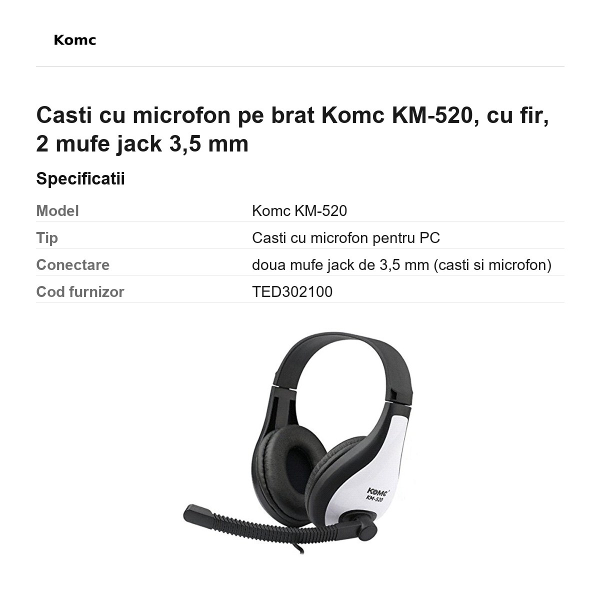 Casti cu microfon pe brat Komc KM-520, cu fir, 2 mufe jack 3,5 mm [2]
