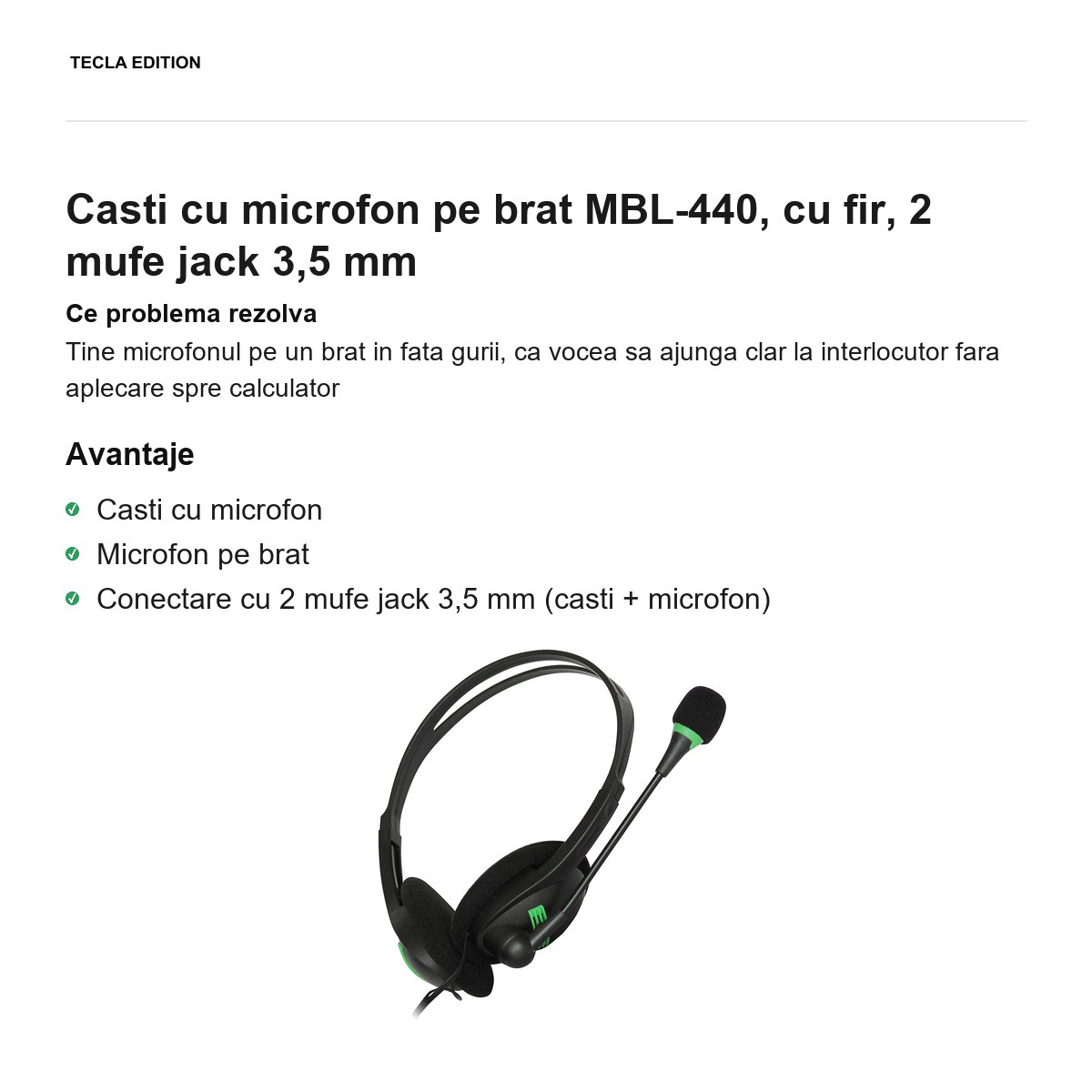 Casti cu microfon pe brat MBL-440, cu fir, 2 mufe jack 3,5 mm [1]