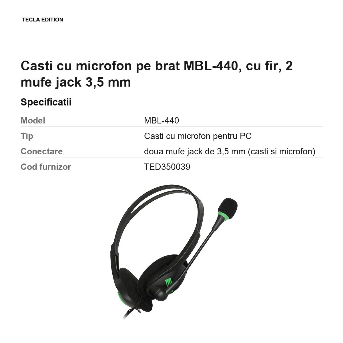 Casti cu microfon pe brat MBL-440, cu fir, 2 mufe jack 3,5 mm [2]