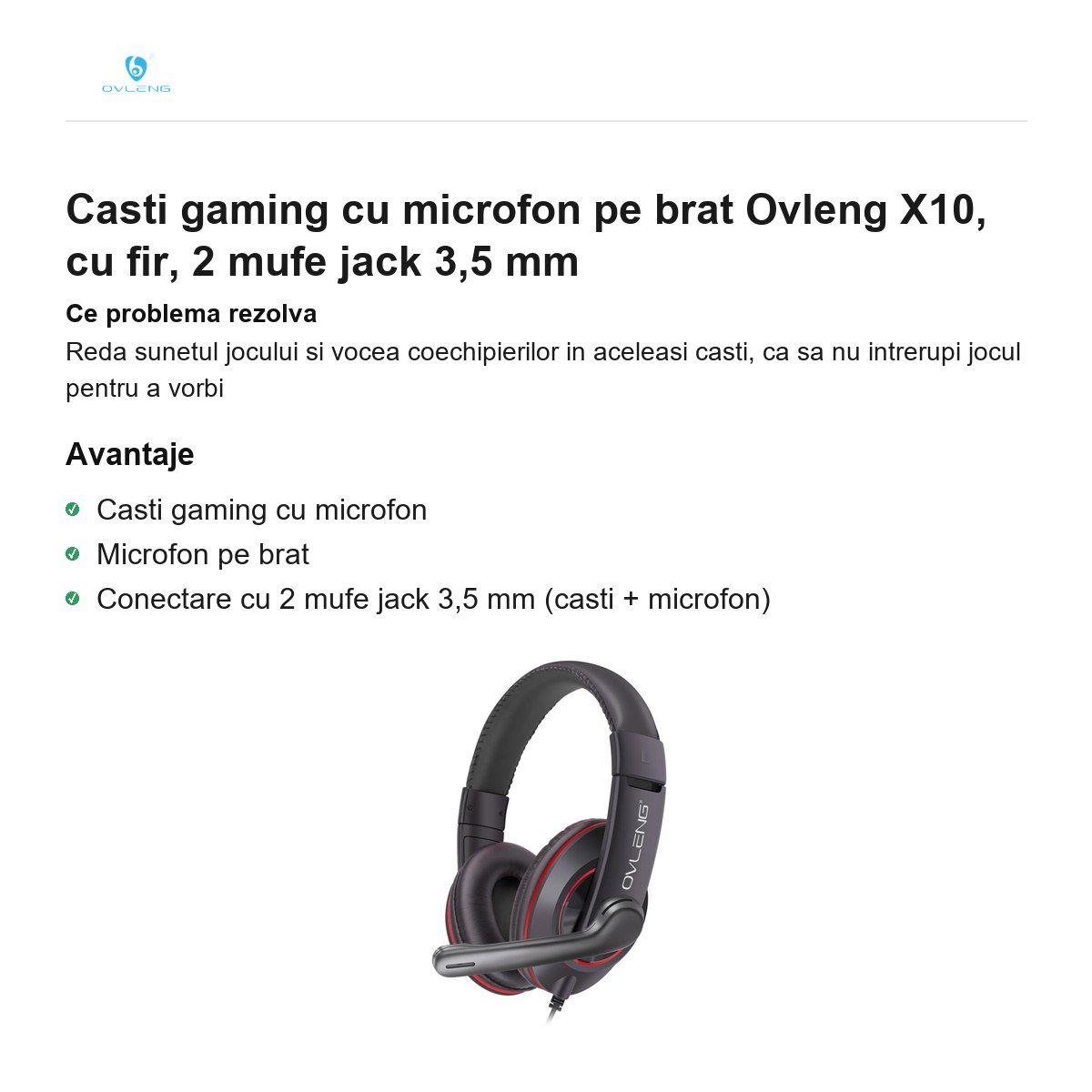 Casti gaming cu microfon pe brat Ovleng X10, cu fir, 2 mufe jack 3,5 mm [1]