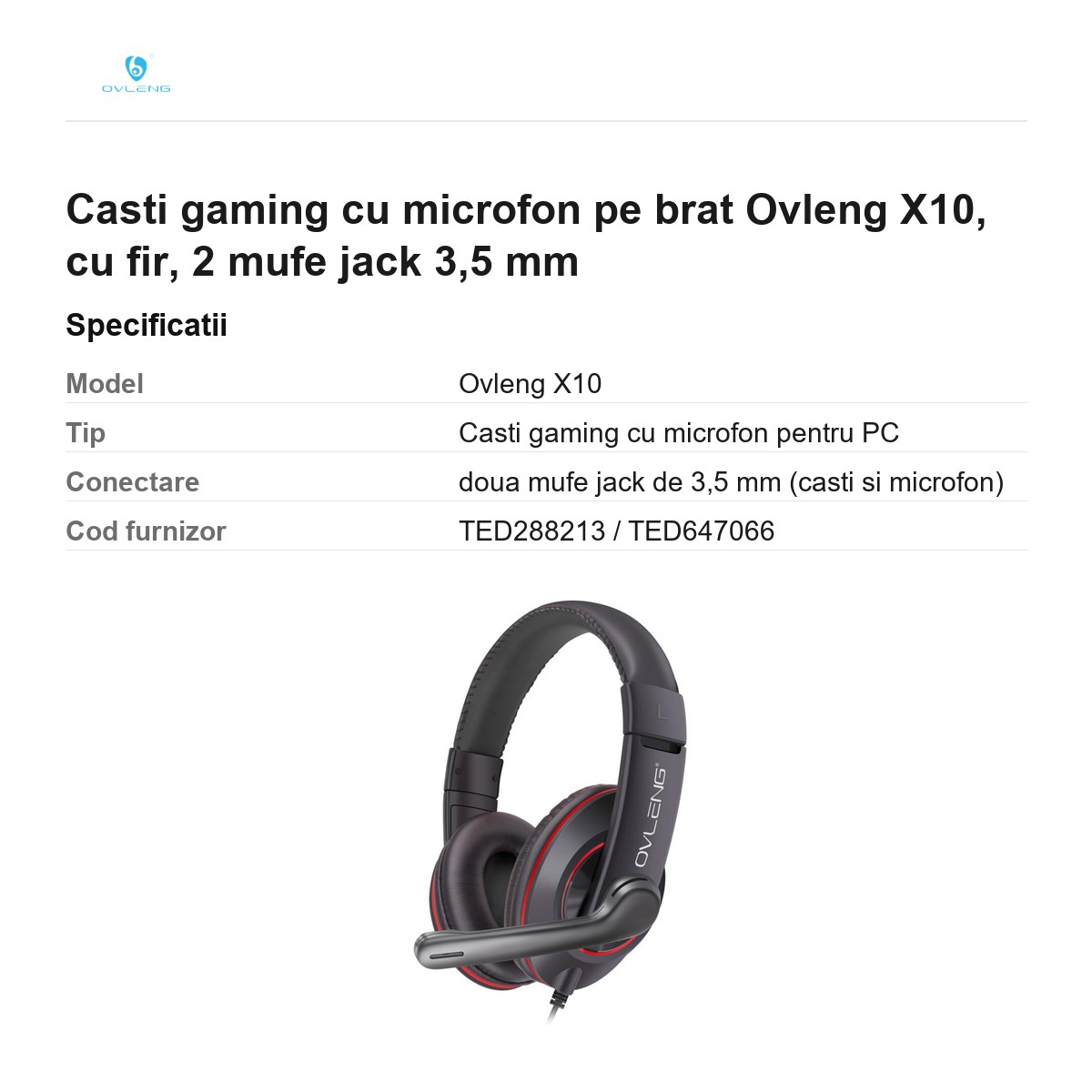 Casti gaming cu microfon pe brat Ovleng X10, cu fir, 2 mufe jack 3,5 mm [2]