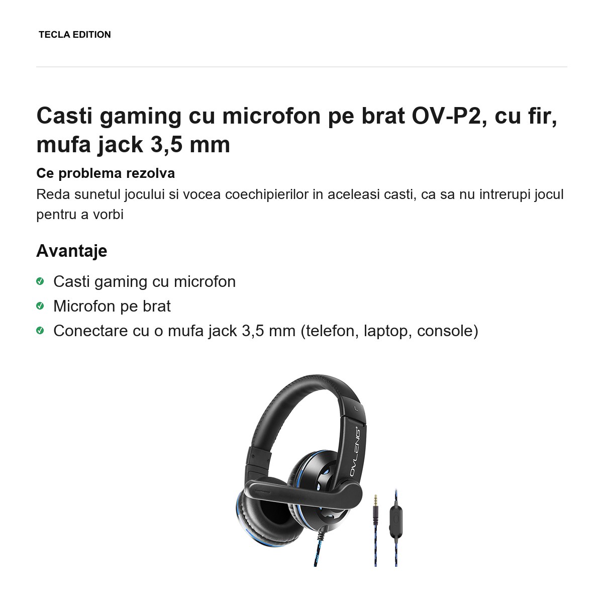 Casti gaming cu microfon pe brat OV-P2, cu fir, mufa jack 3,5 mm [1]