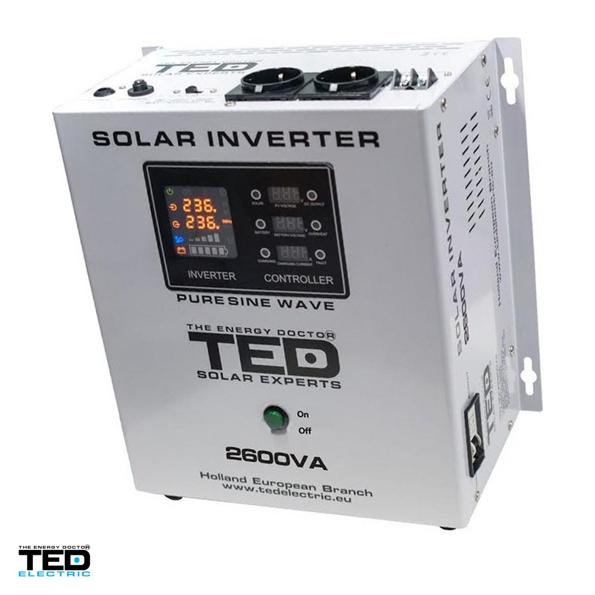 Invertoare solare - Invertor solar fotovoltaic off-grid monofazat TED Electric TED000293, 24 V, 2600 VA / 1800 W, incarcator solar MPPT, unda sinusoidala pura, 2 prize Schuko, Wi-Fi