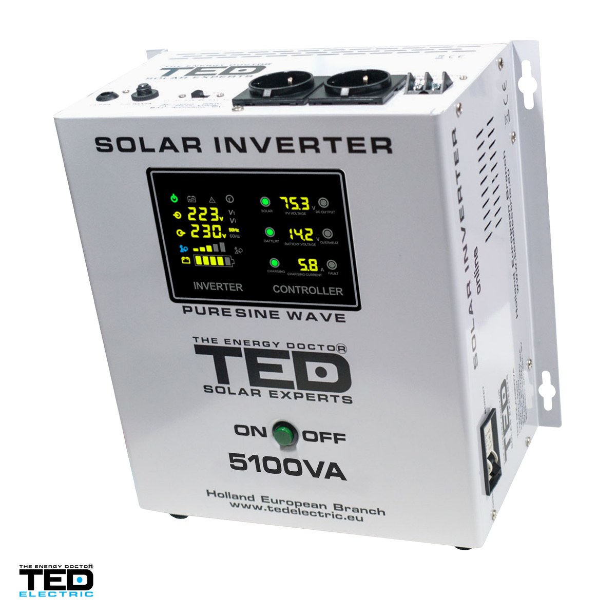 Invertoare solare - Invertor solar fotovoltaic off-grid monofazat TED Electric TED003898, 48 V, 5100 VA / 3500 W, incarcator solar MPPT, unda sinusoidala pura, 2 prize Schuko si regleta, Wi-Fi