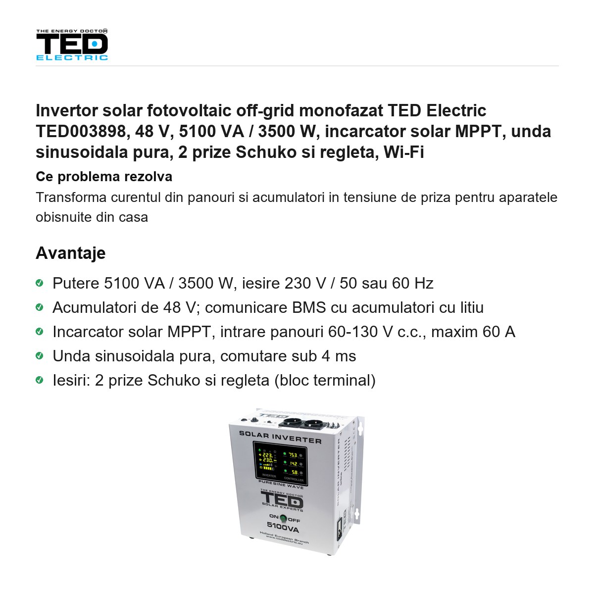 Invertor solar fotovoltaic off-grid monofazat TED Electric TED003898, 48 V, 5100 VA / 3500 W, incarcator solar MPPT, unda sinusoidala pura, 2 prize Schuko si regleta, Wi-Fi [1]