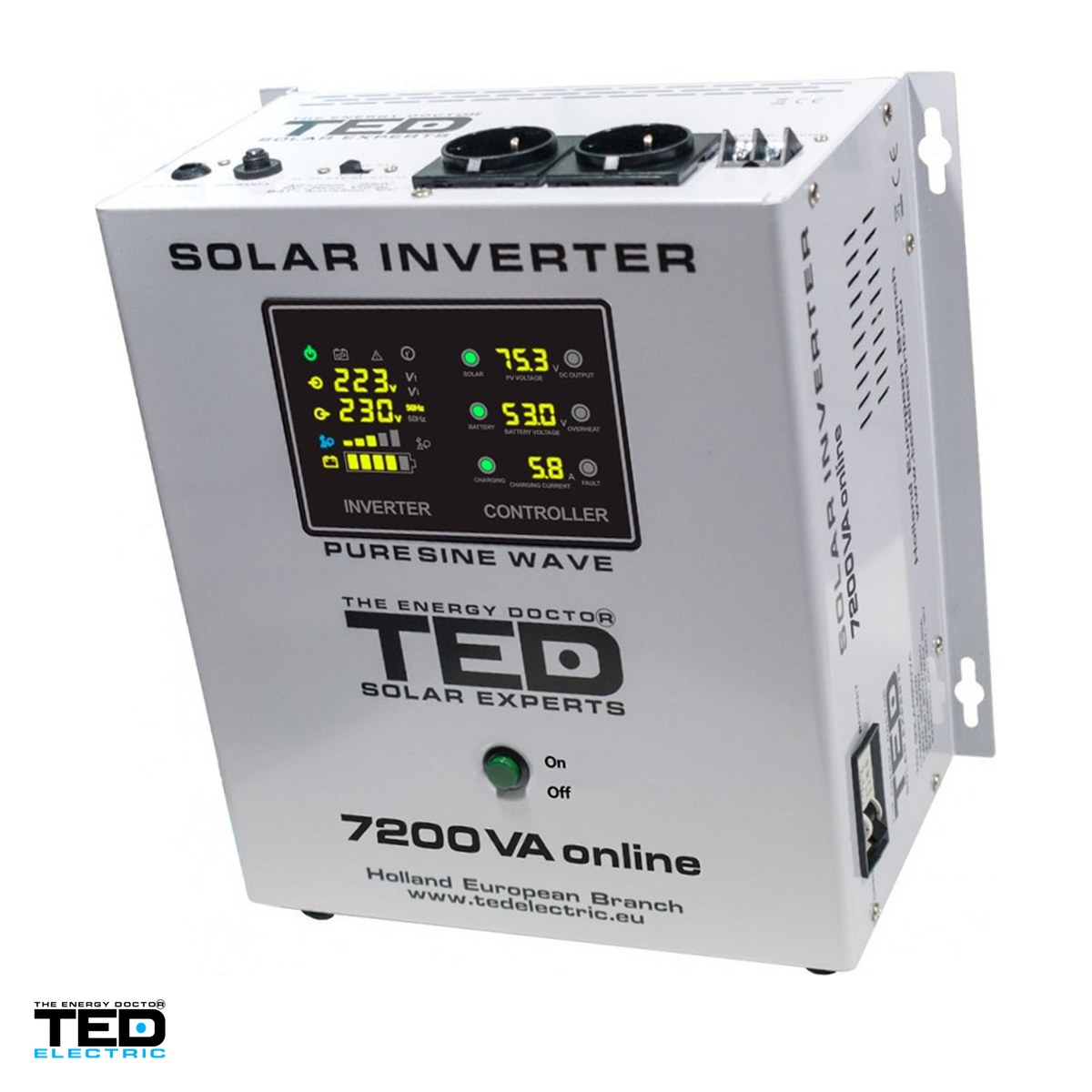 Invertoare solare - Invertor solar fotovoltaic off-grid monofazat TED Electric TED000316, 48 V, 7200 VA / 5000 W, incarcator solar MPPT, unda sinusoidala pura, 2 prize Schuko si regleta, Wi-Fi