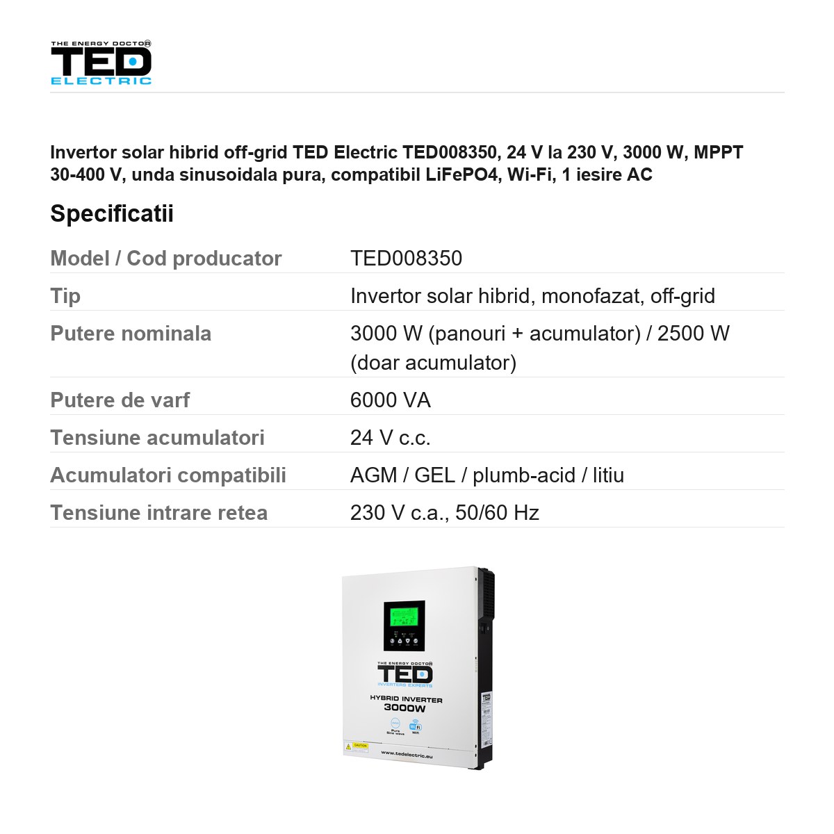 Invertor solar hibrid off-grid TED Electric TED008350, 24 V la 230 V, 3000 W, MPPT 30-400 V, unda sinusoidala pura, compatibil LiFePO4, Wi-Fi, 1 iesire AC [2]