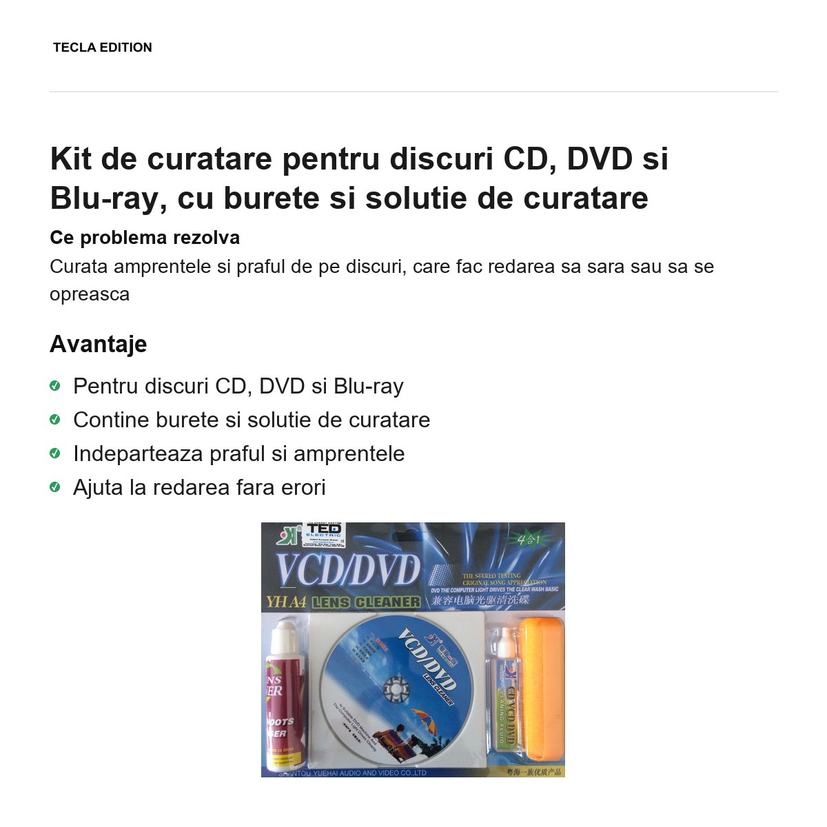 Kit de curatare pentru discuri CD, DVD si Blu-ray, cu burete si solutie de curatare [1]