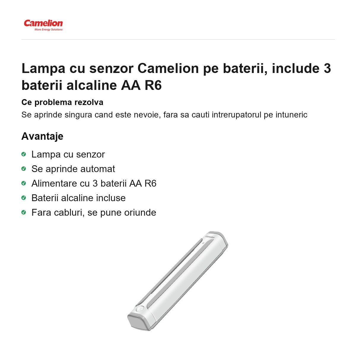 Lampa cu senzor Camelion pe baterii, include 3 baterii alcaline AA R6 [1]