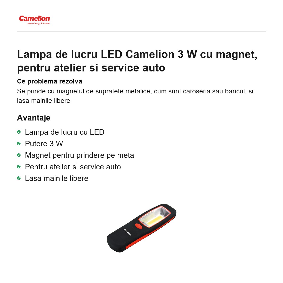 Lampa de lucru LED Camelion 3 W cu magnet, pentru atelier si service auto [1]