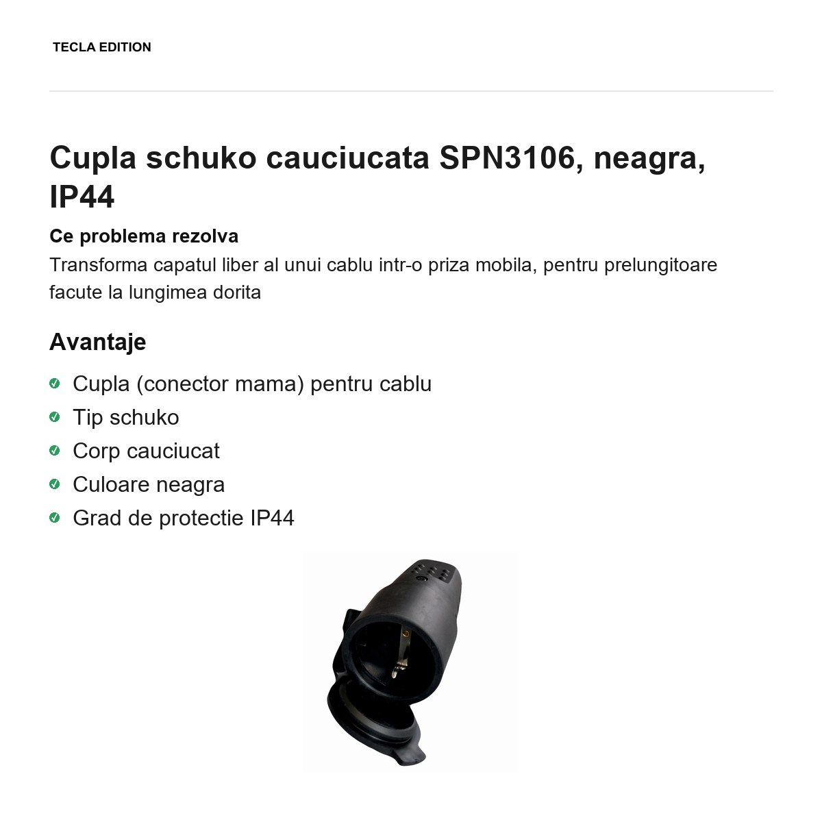 Cupla schuko cauciucata SPN3106, neagra, IP44 [1]