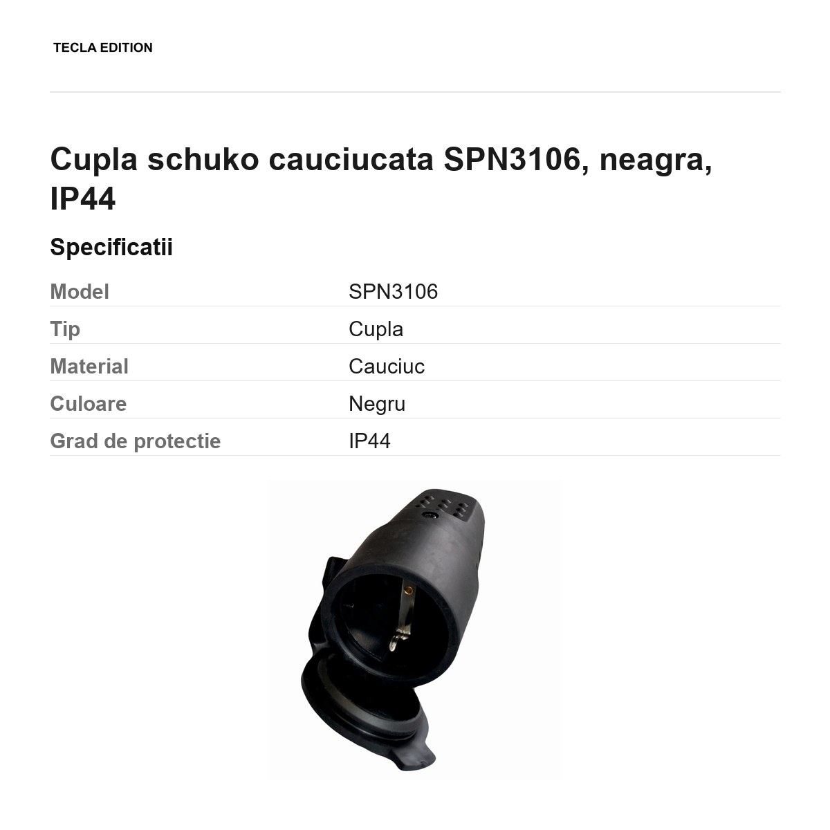 Cupla schuko cauciucata SPN3106, neagra, IP44 [2]