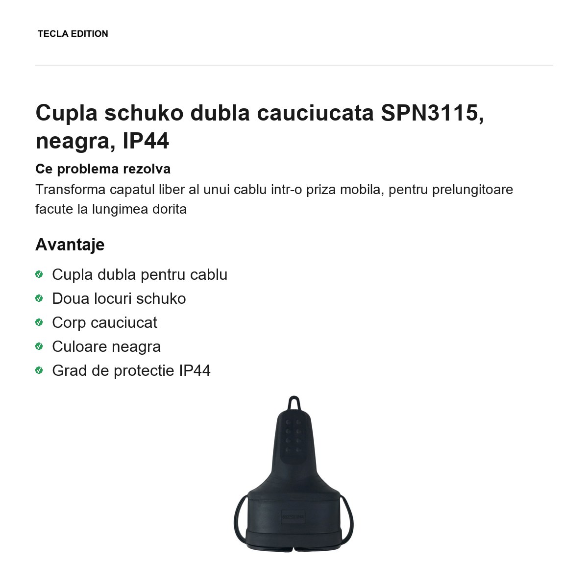 Cupla schuko dubla cauciucata SPN3115, neagra, IP44 [1]