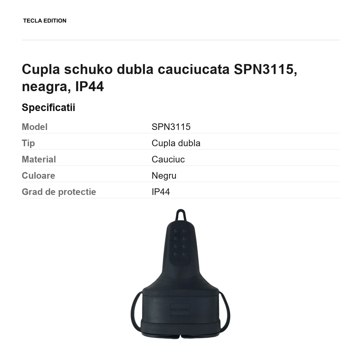 Cupla schuko dubla cauciucata SPN3115, neagra, IP44 [2]