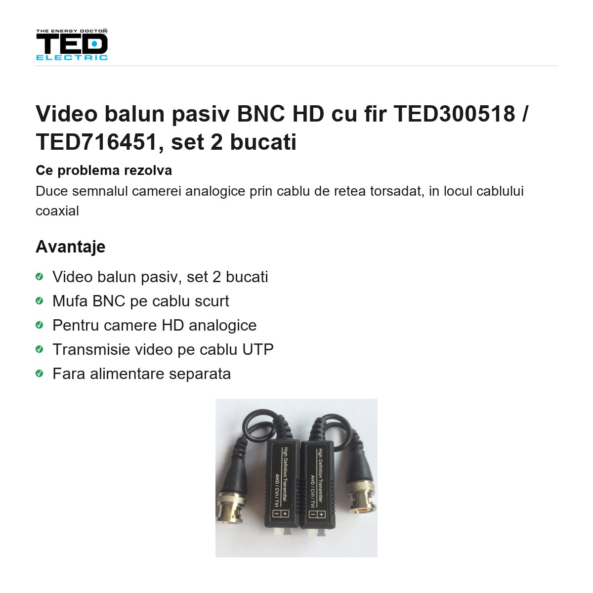 Video balun pasiv BNC HD cu fir TED300518 / TED716451, set 2 bucati [1]