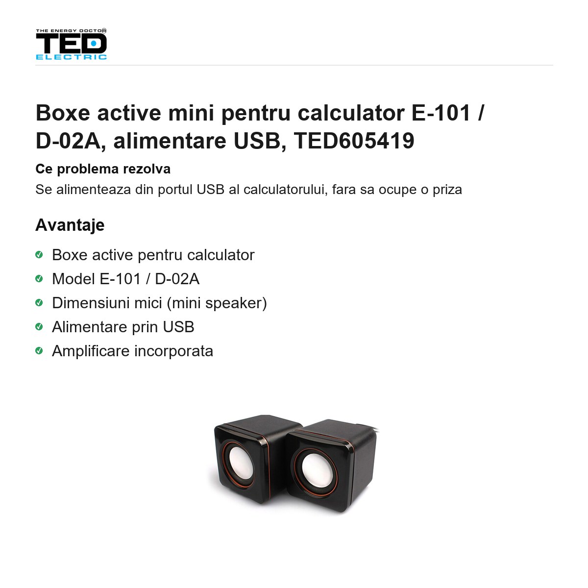 Boxe active mini pentru calculator E-101 / D-02A, alimentare USB, TED605419 [1]