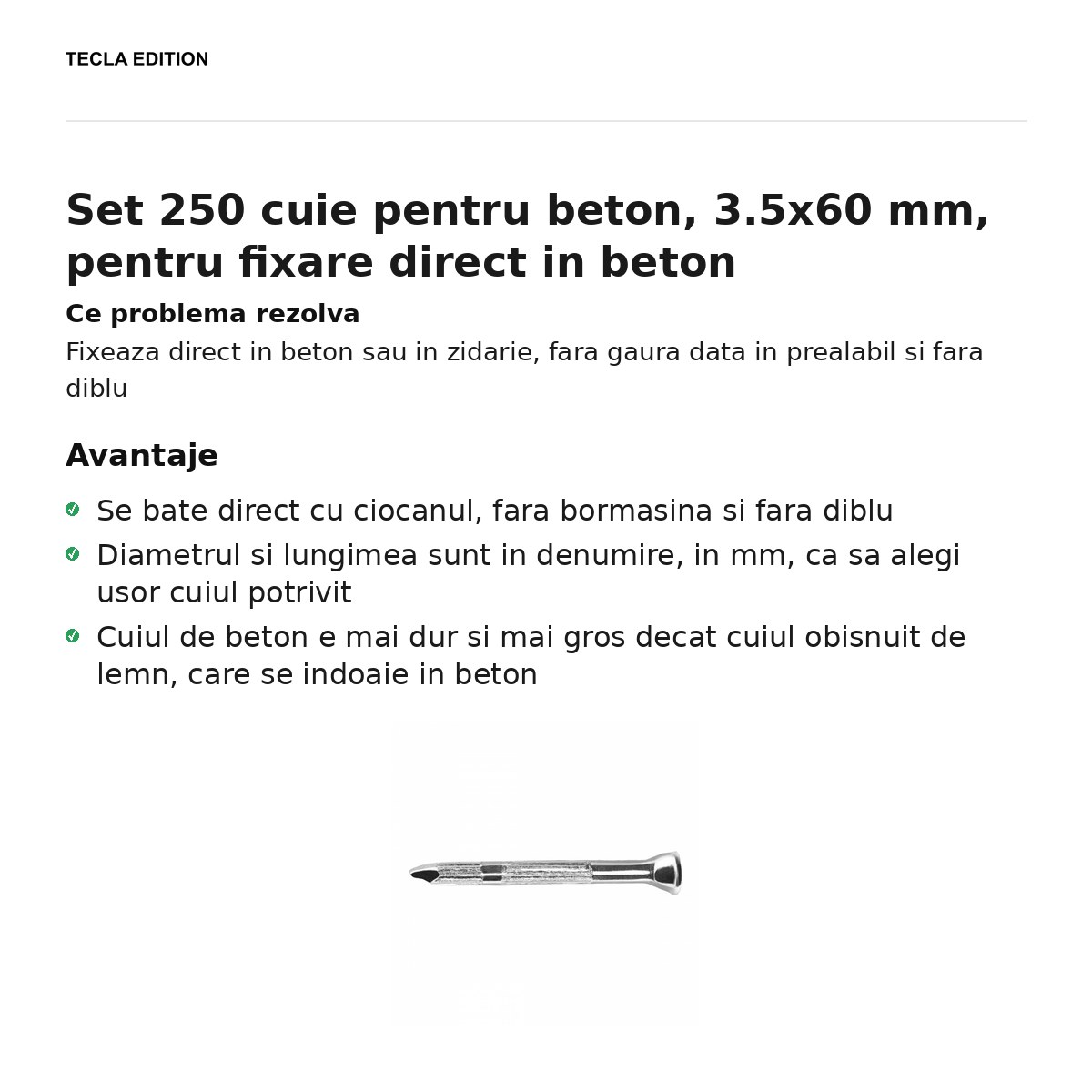 Set 250 cuie pentru beton, 3.5x60 mm, pentru fixare direct in beton [1]