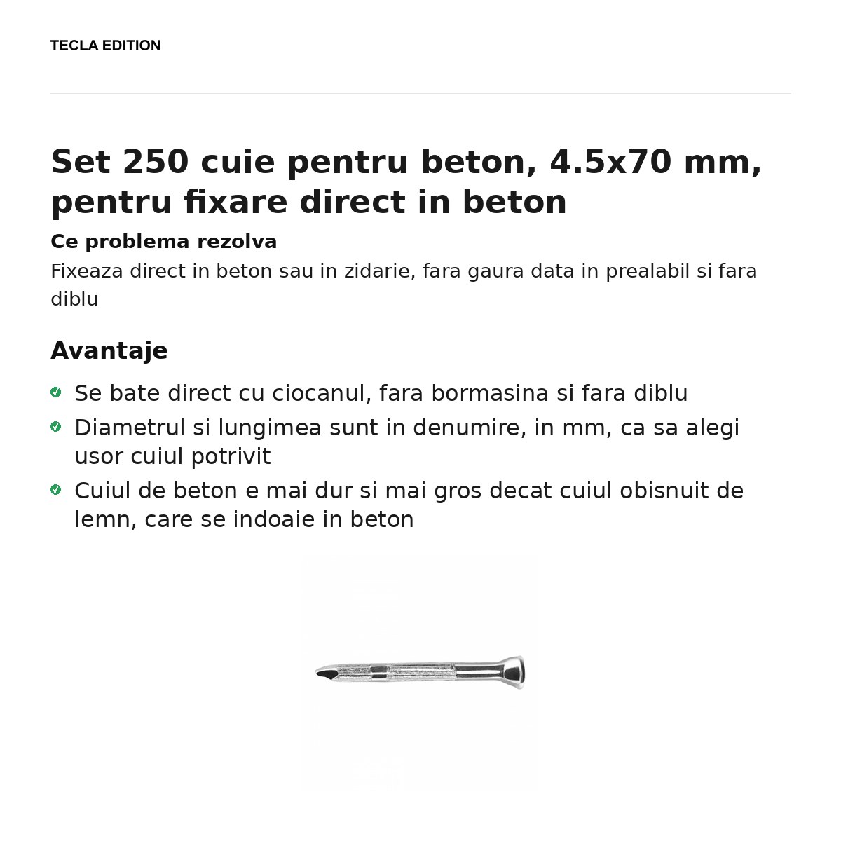 Set 250 cuie pentru beton, 4.5x70 mm, pentru fixare direct in beton [1]