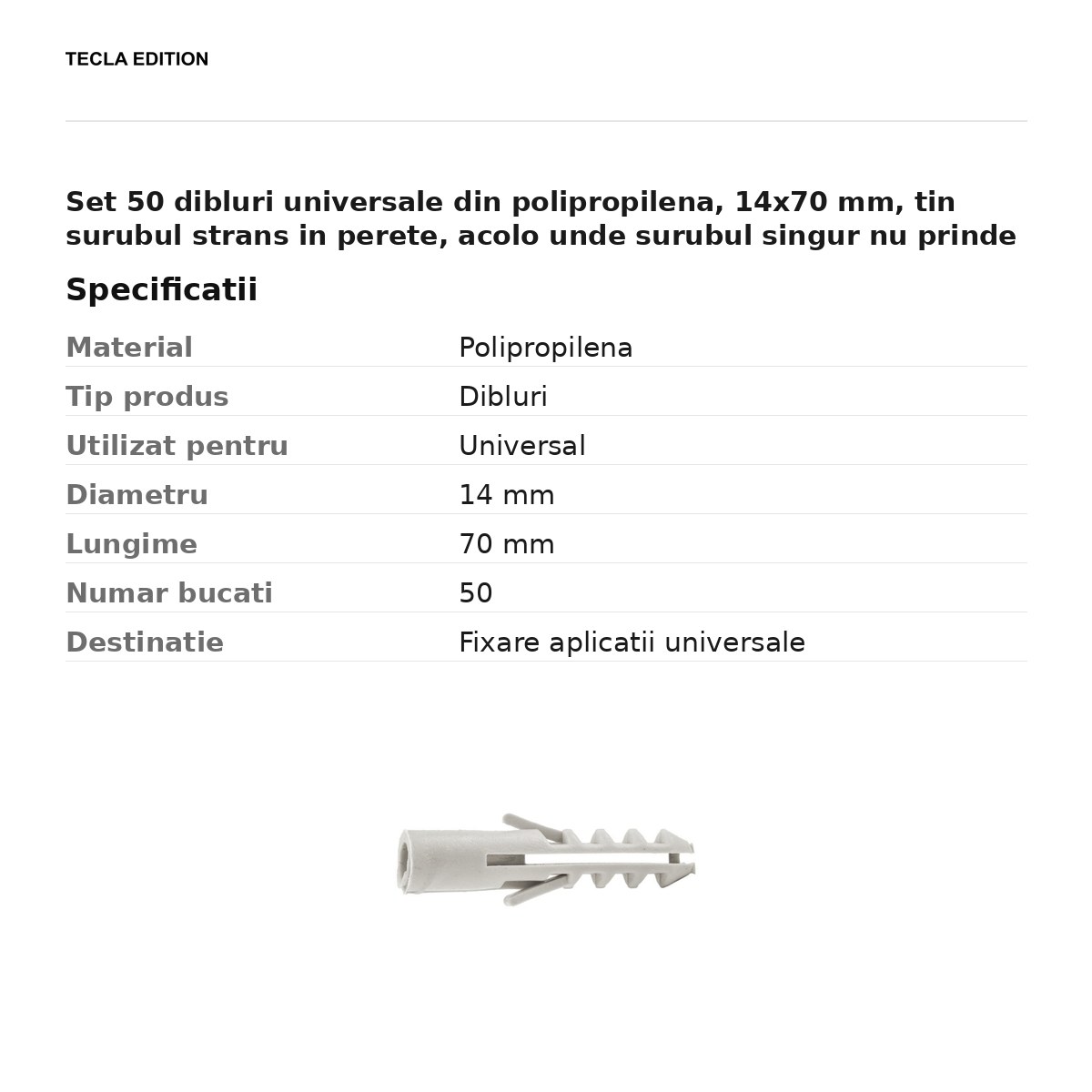 Set 50 dibluri universale din polipropilena, 14x70 mm, tin surubul strans in perete, acolo unde surubul singur nu prinde [2]