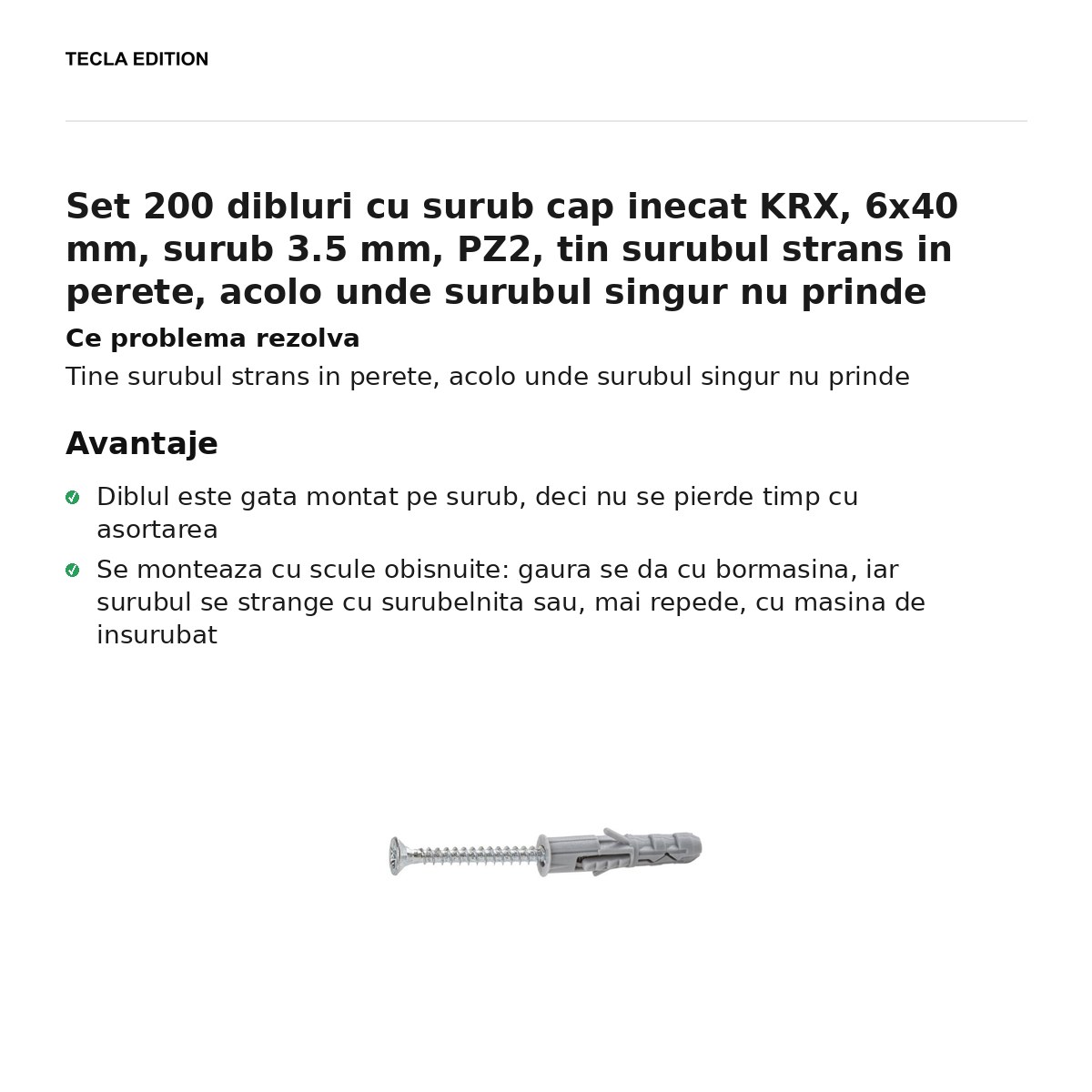 Set 200 dibluri cu surub cap inecat KRX, 6x40 mm, surub 3.5 mm, PZ2, tin surubul strans in perete, acolo unde surubul singur nu prinde [1]