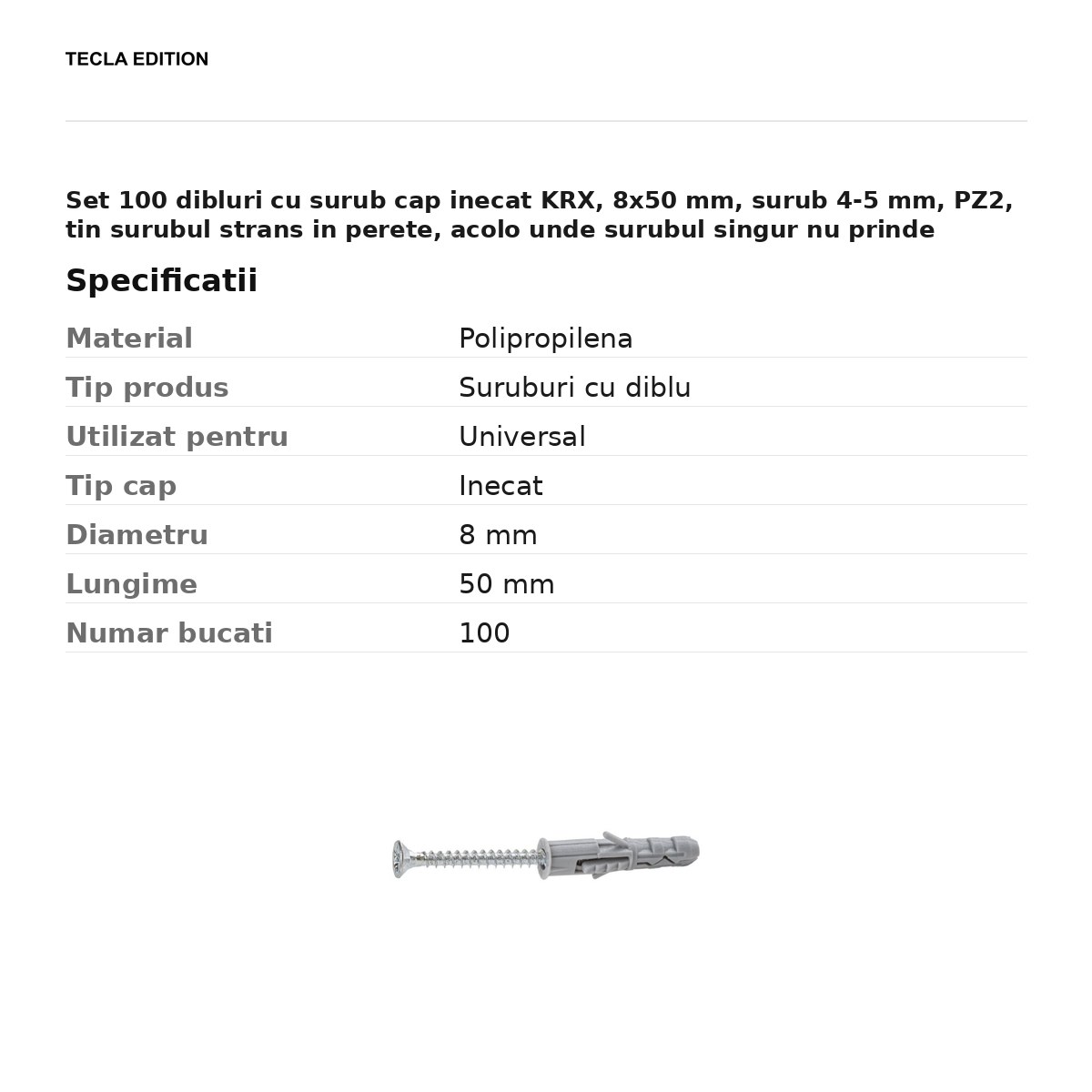 Set 100 dibluri cu surub cap inecat KRX, 8x50 mm, surub 4-5 mm, PZ2, tin surubul strans in perete, acolo unde surubul singur nu prinde [2]