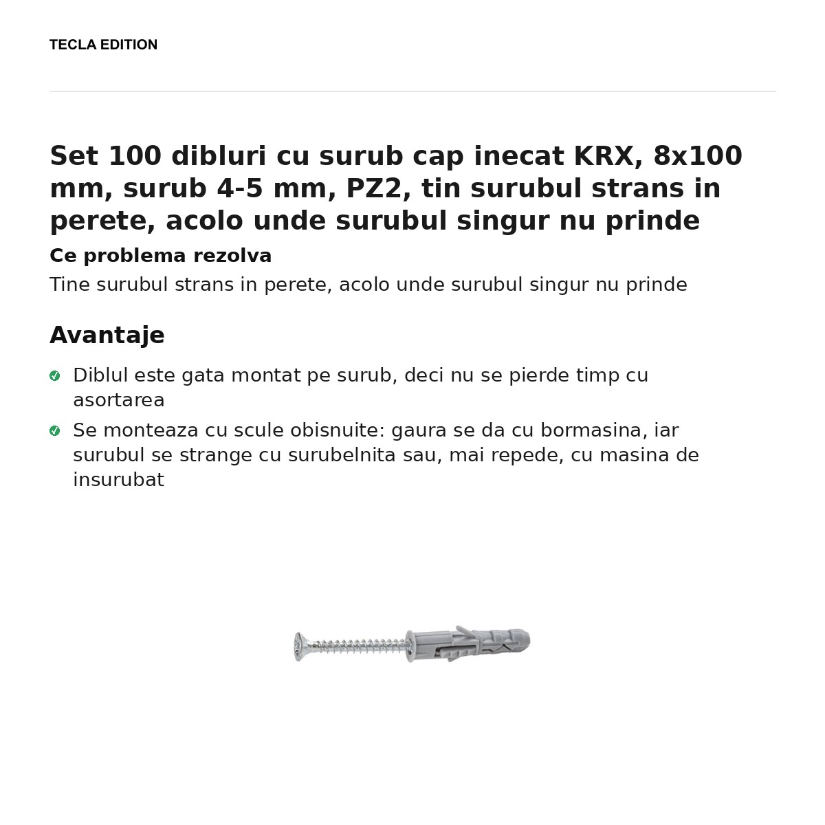 Set 100 dibluri cu surub cap inecat KRX, 8x100 mm, surub 4-5 mm, PZ2, tin surubul strans in perete, acolo unde surubul singur nu prinde [1]