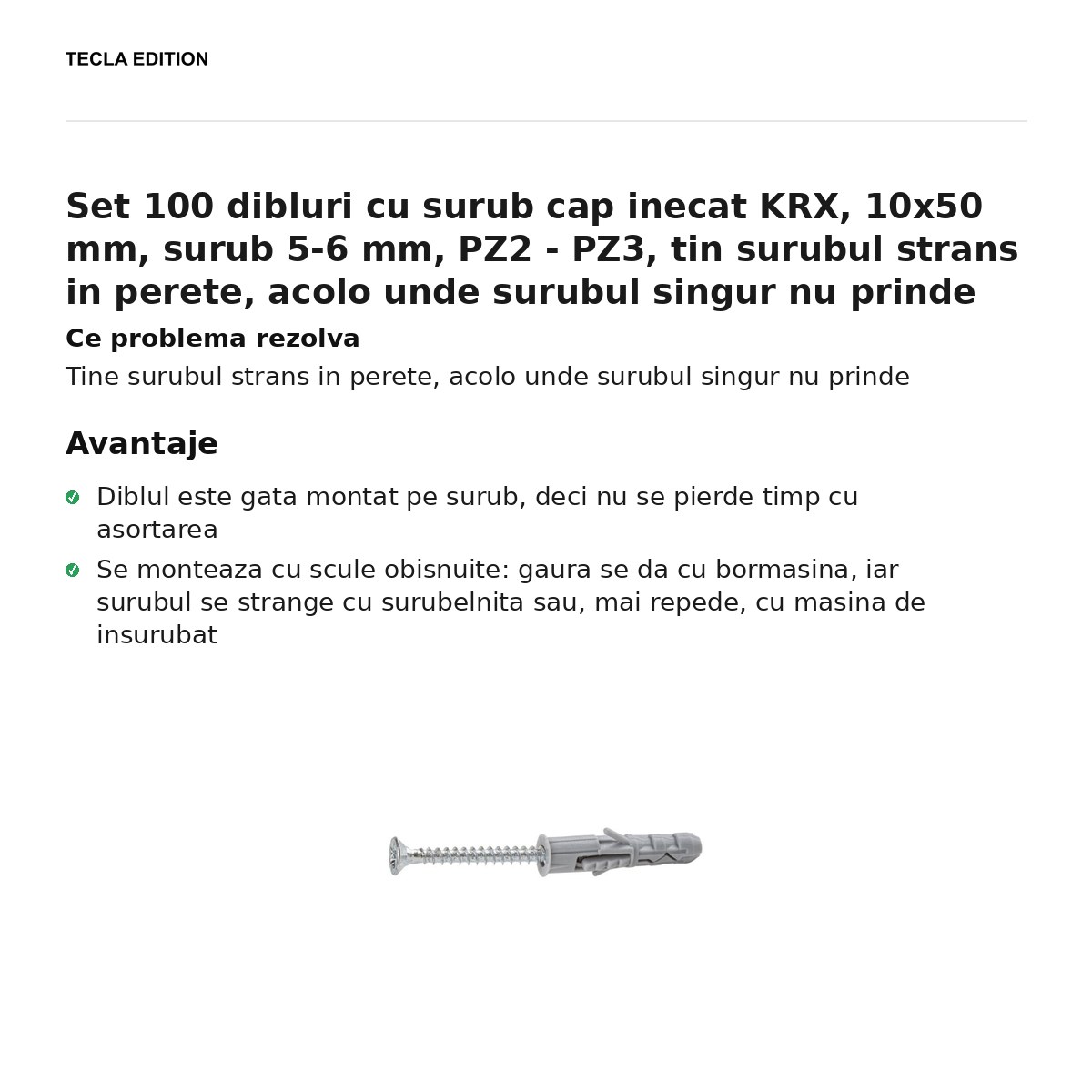 Set 100 dibluri cu surub cap inecat KRX, 10x50 mm, surub 5-6 mm, PZ2 - PZ3, tin surubul strans in perete, acolo unde surubul singur nu prinde [1]