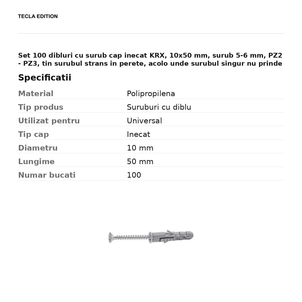 Set 100 dibluri cu surub cap inecat KRX, 10x50 mm, surub 5-6 mm, PZ2 - PZ3, tin surubul strans in perete, acolo unde surubul singur nu prinde [2]