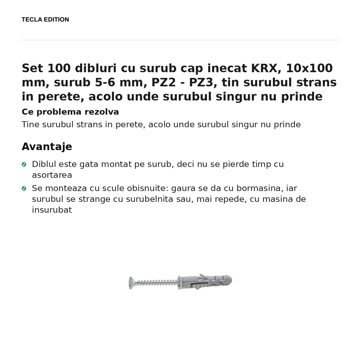 Set 100 dibluri cu surub cap inecat KRX, 10x100 mm, surub 5-6 mm, PZ2 - PZ3, tin surubul strans in perete, acolo unde surubul singur nu prinde [1]