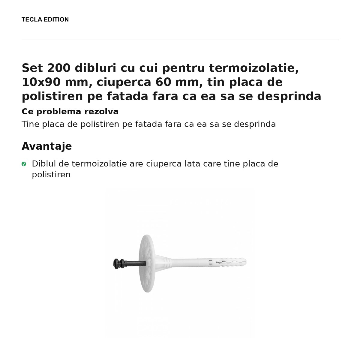 Set 200 dibluri cu cui pentru termoizolatie, 10x90 mm, ciuperca 60 mm, tin placa de polistiren pe fatada fara ca ea sa se desprinda [1]